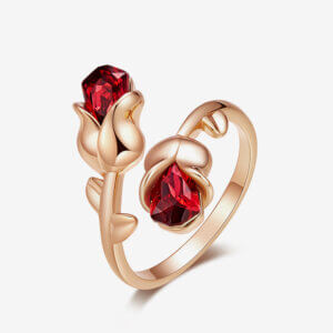 Red Swarovski and Rose By-pass Ring