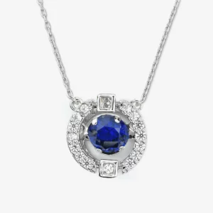 Blue Sapphire Crystal Nestled Between CZ Pendant Necklace